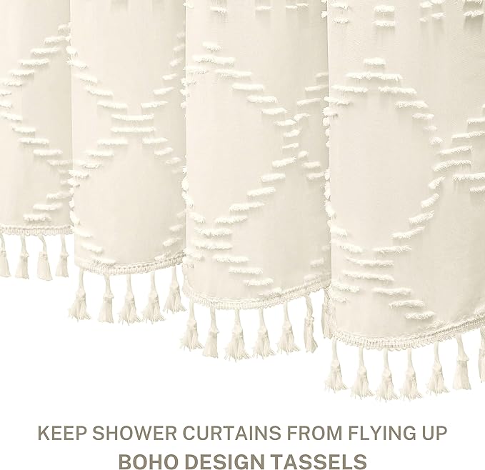 Extra Long Cream Boho Shower Curtain Woven Fabric Cute 90 Inch Shower Curtain, 72 x 90 Tufted Chevron Textured Striped Modern Farmhouse Minimalist Cloth Shower Curtain for Bathroom