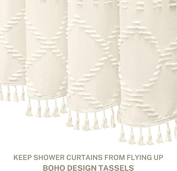 Extra Long Cream Boho Shower Curtain, 72 x 78 Tufted Chevron Textured Striped Modern Farmhouse Minimalist Woven Fabric for Bathroom
