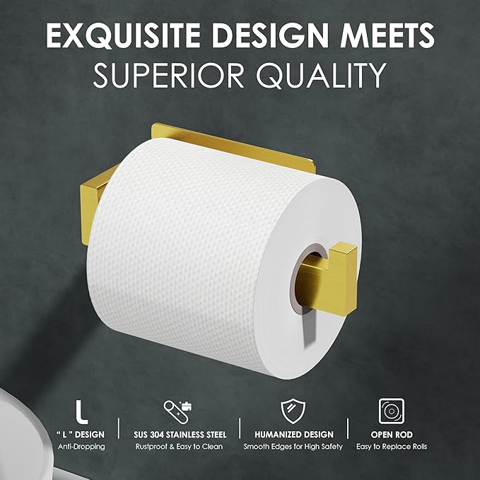 Auxmir No Drilling Self Adhesive Toilet Paper Holder, Premium Rustproof SUS304 Stainless Steel Roll Holder Wall Mount Tissue Holder for Bathroom Kitchen Washroom, Toilet Paper Holder-Gold