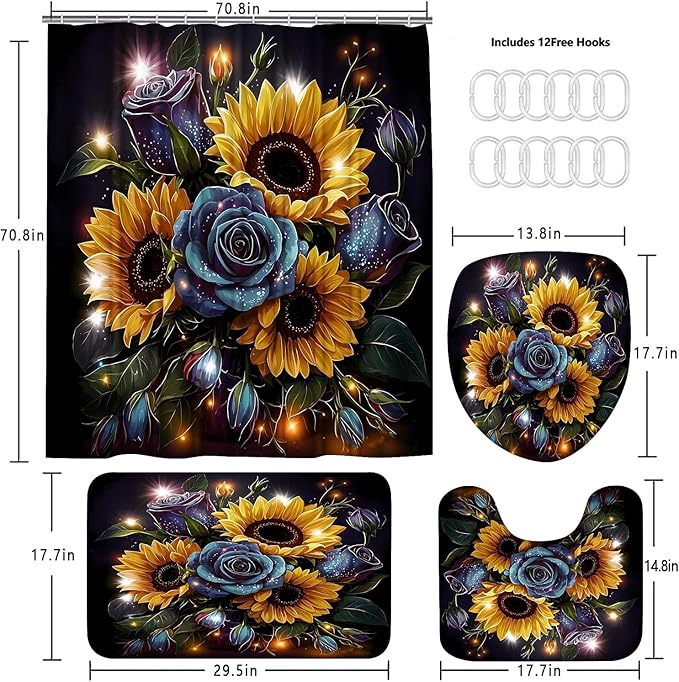 AZHM Sunflower and Rose Shower Curtain Starlight Glitter Flower Bathroom Decor Set with Shower Curtain and Rugs and Accessories with 12 Hooks