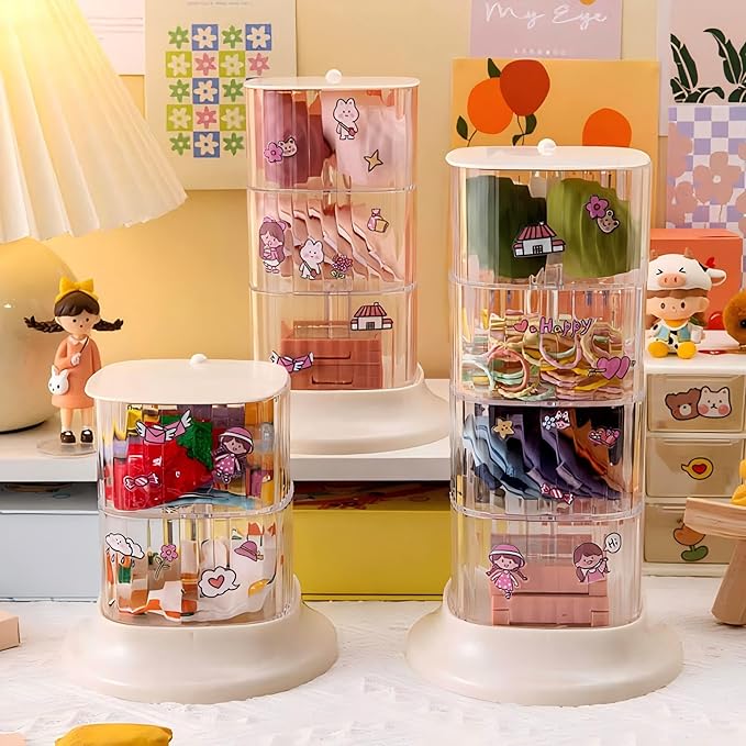 Hair Accessory Organizer, 3-Layer Rotating Clear Hair Tie Organizer for Hair Clips, Headbands, Hair Ties, Earring, Necklace, Ring, Jewelry Boxes & Organizers for Girls & Women (3-Layer???White)