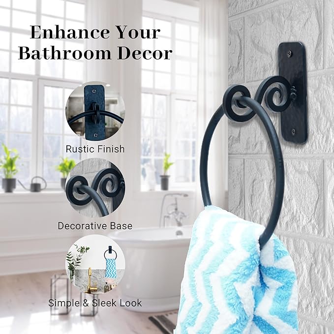 The Metal Magician Round Hand Towel Holder for Bathroom Wall - Kitchen Towel Ring - Aesthetic Design & Heavy Duty Durability - (Spiral Suspension) - (Black)