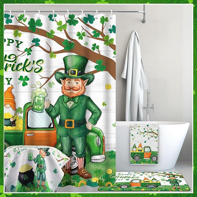 Nuanchu 6 Pcs St. Patrick's Day Shower Curtain Set with Rug Green Shamrock Clover Bathroom Sets with Shower Curtain Bath Mat U Shaped Mat Toilet Lid Cover 2 Bath Towels and 12 Hooks Bathroom Decor