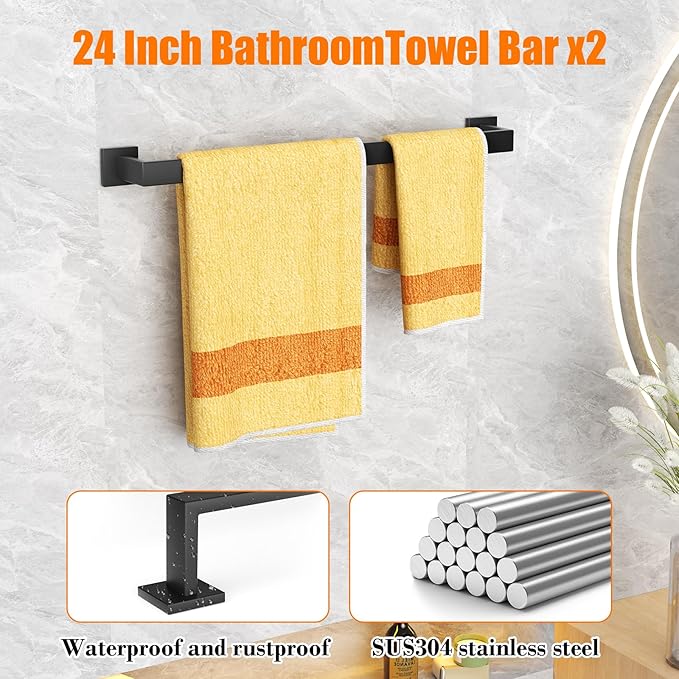 10 Pieces Matte Black Bathroom Accessories Set, 23.6 Inch Towel Racks for Bathroom Wall Mounted, Stainless Steel Bath Towel Bar Set, Bathroom Hardware Accessories for Kitchen & Bath