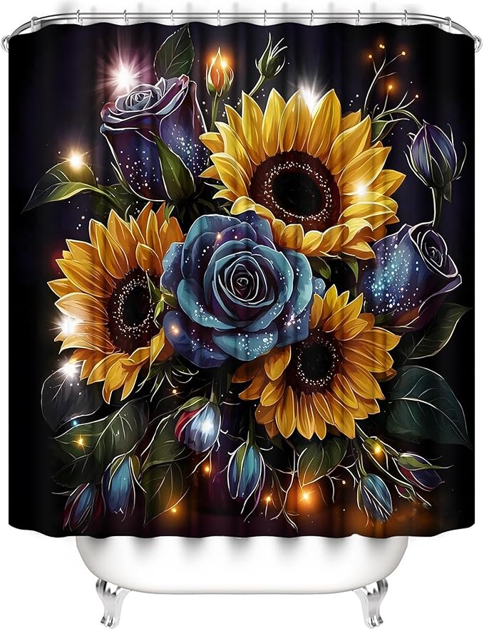 AZHM Sunflower and Rose Shower Curtain Starlight Glitter Flower Bathroom Decor Set with Shower Curtain and Rugs and Accessories with 12 Hooks