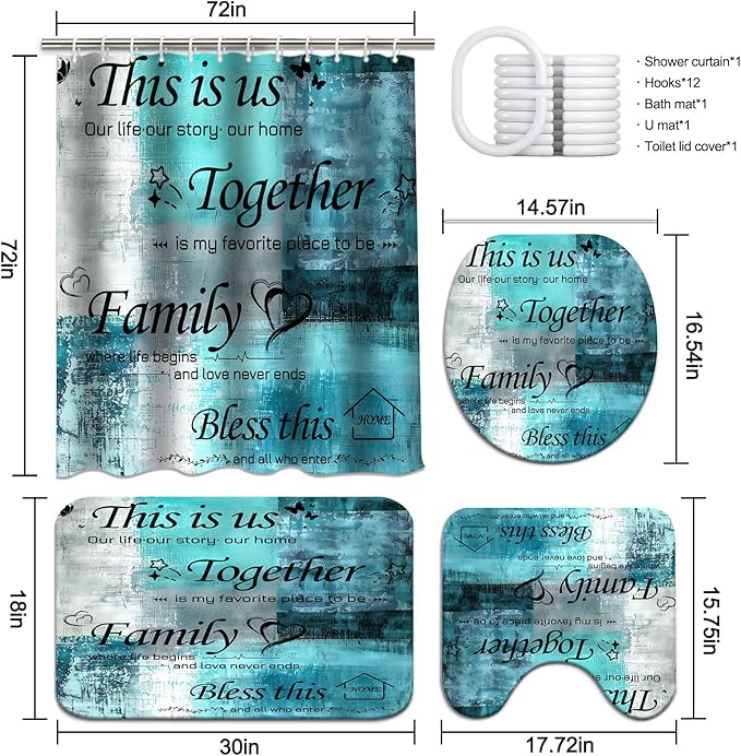 Lnond 4Pcs Bathroom Shower Curtain Sets with Rugs, Turquoise Motivational Home Family Bathroom Sets with Shower Curtain and Rugs and Accessories