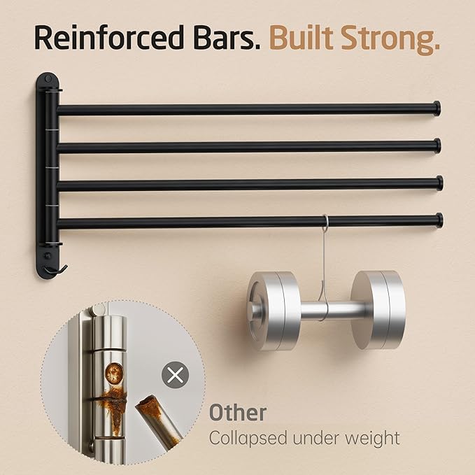 KES Extra Long 19.5" Swivel Towel Rack, Black Swing Arm Towel Bar 4-Arm, Swing Out Towel Rack for Bathroom Wall, Hand Towel Racks Wall Mounted 18/8 Stainless Steel Matte Black, A2103S4L50-BK