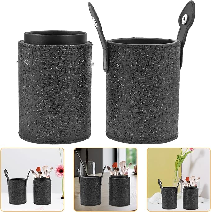 Lurrose Makeup Brush Cup Holder with Lid Portable Cosmetic Tool Storage Canister 7.08X2.55X7.08In for Home and Travel Anti-Slip Elegant Design