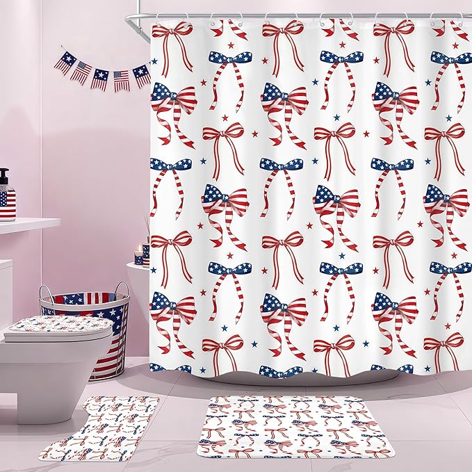 Cinbloo 4Pcs Independence Day 4th of July Shower Curtain Set, Red Blue Bow Coquette Patriotic USA American Flag Bathroom Curtain with Rug, Toilet Lid Cover, Bath Mat, Cute Shower Curtain with 12 Hooks