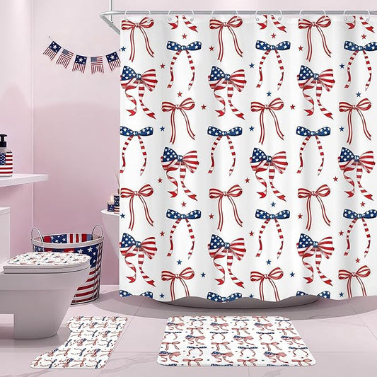 Cinbloo 4Pcs Independence Day 4th of July Shower Curtain Set, Red Blue Bow Coquette Patriotic USA American Flag Bathroom Curtain with Rug, Toilet Lid Cover, Bath Mat, Cute Shower Curtain with 12 Hooks