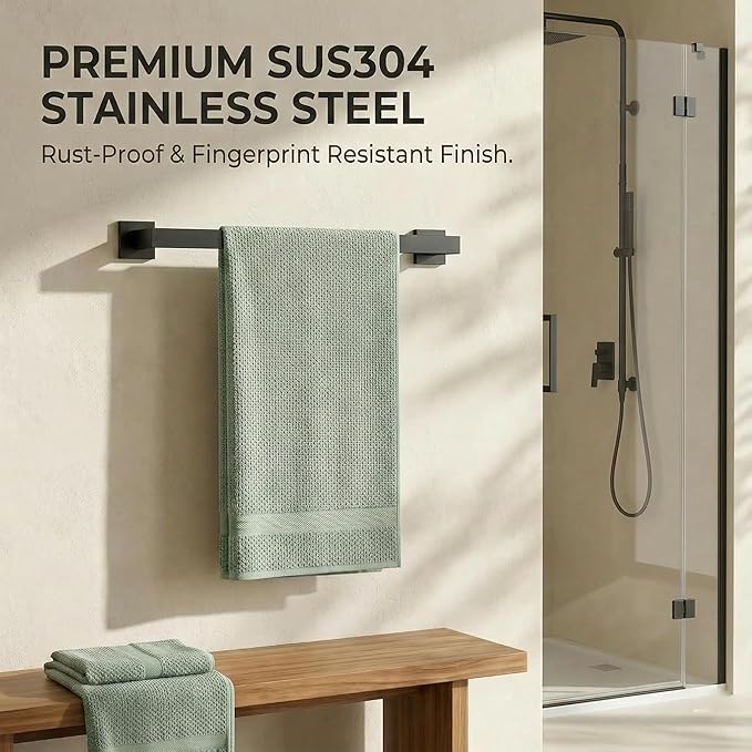 Matte Black Bathroom Hardware Set 5-Piece, Modern Square SUS304 Stainless Steel Bath Accessory Kit with 23.6" Towel Bar