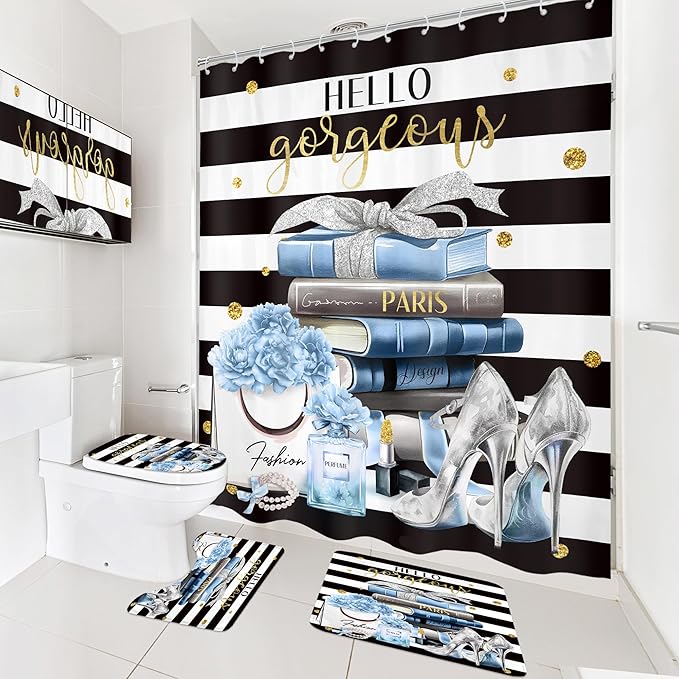 Cinbloo 4Pcs Black and Blue Shower Curtain Set,High Heels Striped Perfume Bathroom Curtain with Rug, Toilet Lid Cover, Bath Mat, Fashion Floral Flower Magazine Books Shower Curtain with 12 Hooks