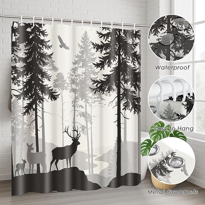 Britimes 4 Piece Shower Curtain Sets, with 12 Hooks, Pine Forest Family Deer with Non-Slip Rugs, Toilet Lid Cover and Bath Mat for Bathroom Decor Set, 72" x 72"