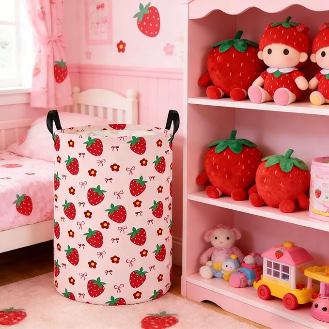 Laundry Hamper Baby Nursery Hamper Waterproof Foldable Kids Laundry Basket Kids Dirty Clothes Hampers Girl Room Decor for Home Gift Baskets(Strawberry Flower)