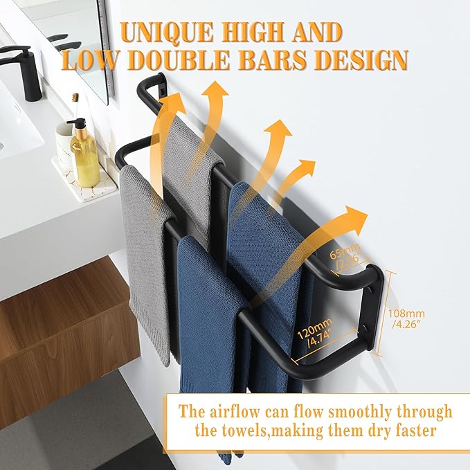 Alise Double Towel Bar,24 Inch Towel Racks for Bathroom, SUS304 Stainless Steel Towel Bar for Bathroom Wall,Quick Drying Bathroom Towel Holder Bath Towel Hanger,Matte Black