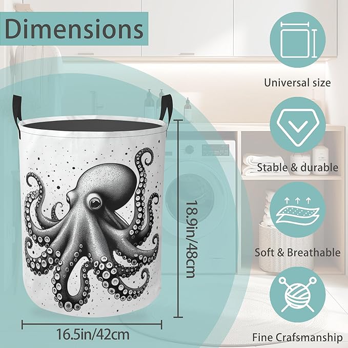 Octopus Round Laundry Hamper Storage Basket Toys Clothes Organizer Bin For Home Bathroom Bedroom Dorm Nursery