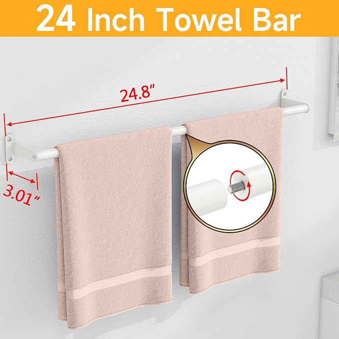 MKO Towel Rods for Bathroom, White Towel Bar, 24-Inch Single Towel Rack for Bathroom Wall Mounted Hanging Bath Towels