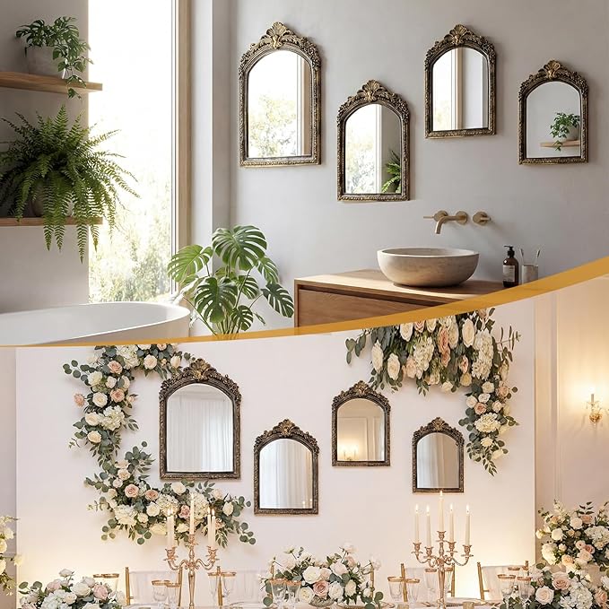 Thyle 4 Pcs Vintage Gold Antique Mirror Set Arch Retro Resin Baroque Decorative Makeup Mirror Square Hanging Wall Desk Tabletop Room Bedroom Bathroom Gallery (13x9 10x7 8x5 7x4) (Dark Color)