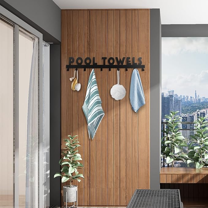IBosins Large Pool Towel Rack with 10 Hooks, Towel Holder Wall Mounted for Outdoor, Towel Hanger for Hanging Bathrobes, Towels, Clothes - Perfect Pool Area Outside Sign and Decor (Black)
