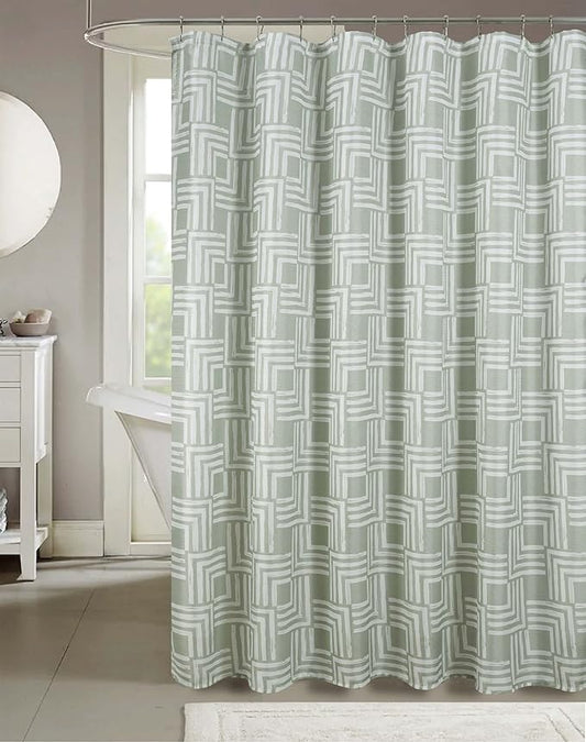 Serafina Home Hotel Quality Fabric Bathroom Shower Curtain: Geometric Square Design - Sage Green and White Milo Sage (72 x 70 inches)