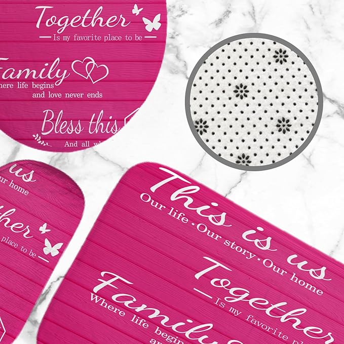 juwute 4Pcs Family Shower Curtain Sets with Non-Slip Rugs, Toilet Lid Cover and Bath Mat, Pink Home Bathroom Decor Set Accessories Waterproof Shower Curtains with 12 Hooks, 72 x 72 Inch