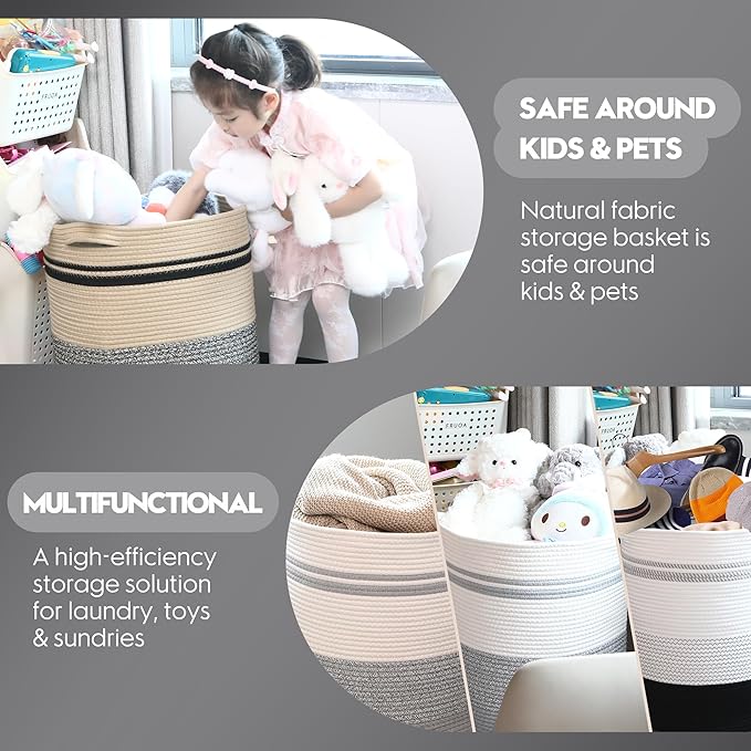 Sea Team Large Size Cotton Rope Woven Storage Basket with Handles, Laundry Hamper, Fabric Bucket, Drum, Clothes Blankets Organizer for Kid's Room, 18 x 20 inches, Round Open Design, White & Grey