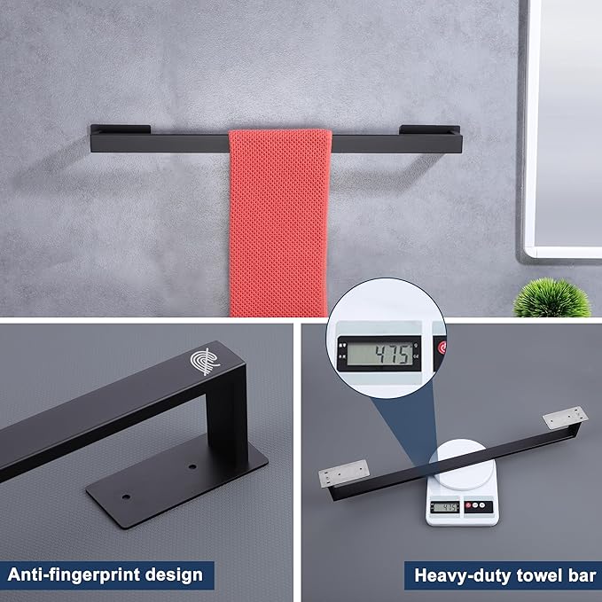 LANC Matte Black Bath Towel Bars 16-Inch, Self Adhesive Towel Bar for Bathroom Wall Mounted and No Drilling Towel Rack, Sticky on Kitchen Hand Towel Holder 304 Stainless Steel, A8310MB-L4