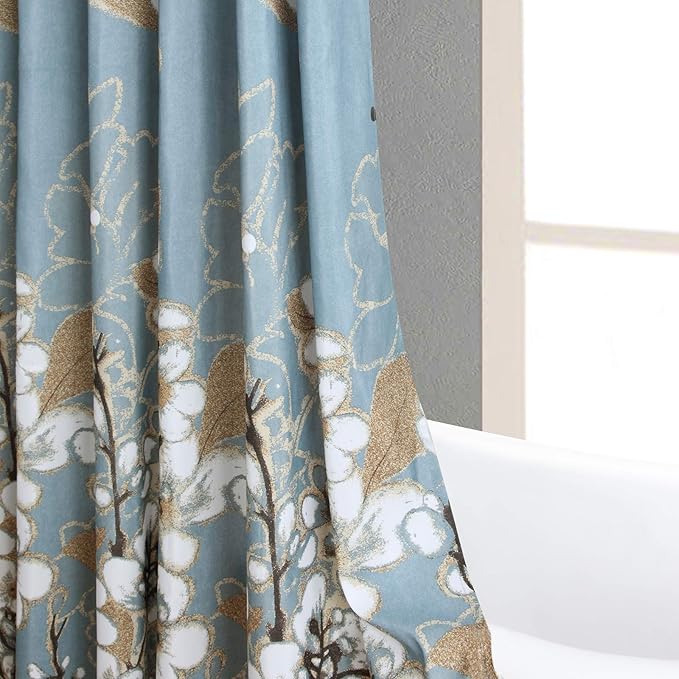 Fabric Floral Shower Curtain, Blue Shower Curtain, Plant Botanical Flower Shower Curtains for Bathroom, Waterproof Bathroom Curtains - 72" W x 72" H