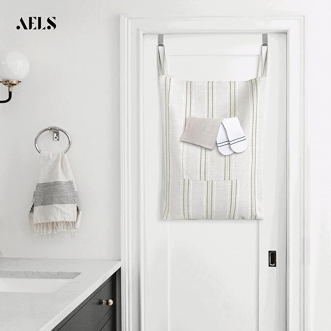 AELS Farmhouse Hanging Laundry Hamper with 2 Hooks, Boho Beige & Green Stripes Laundry Bag with Zipper & Wide Open Top, Over the Door Organizer for Dirty Clothes, Washable Space Saving Storage