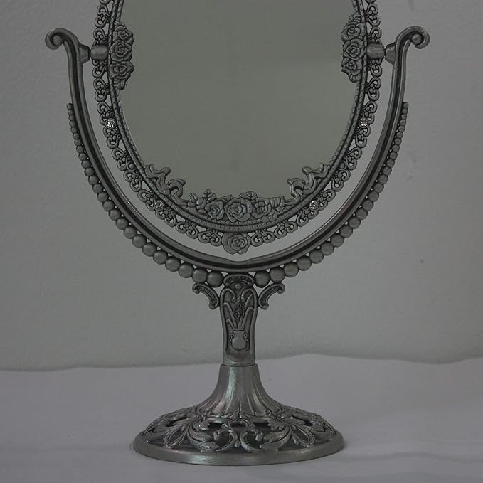SEHAMANO Vintage Oval Double Sided Embossed Roses Frame Makeup Table Mirror for Bathroom Bedroom Dressing, Antique Decorative Vanity Cosmetic Metal Stand Mirror (Large, Tin (Matt Silver))