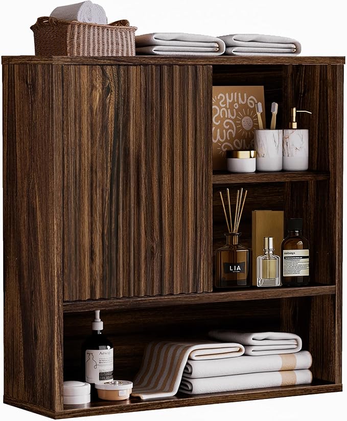 Farmhouse Bathroom Wall Cabinet Fluted,Medicine Cabinet Over The Toilet Storage Cabinet with Adjustable Shelf, Wood Wall Mounted Storage Cabinet Organizer 23.2Wx24Hx7.6D (Dark Walnut, Medium)