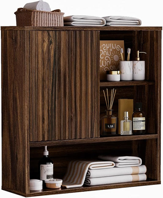Farmhouse Bathroom Wall Cabinet Fluted,Medicine Cabinet Over The Toilet Storage Cabinet with Adjustable Shelf, Wood Wall Mounted Storage Cabinet Organizer 23.2Wx24Hx7.6D (Dark Walnut, Medium)