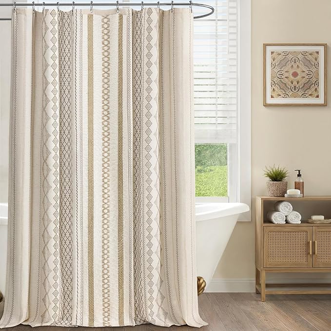 Boho Linen Shower Curtain for Bathroom,with Striped Print and Twine-Inspired Woven Center,72" W x 90" L,Beige