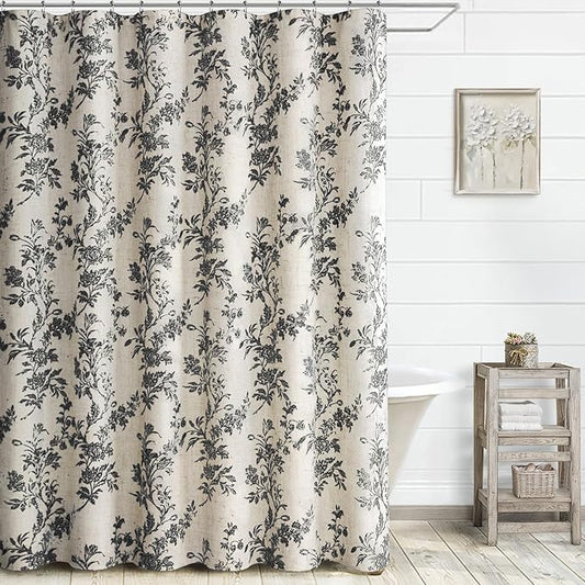 Black Floral Shower Curtain,Vintage Linen Beige Cottagecore Shower Curtains for Bathroom, 72" W x 72" L
