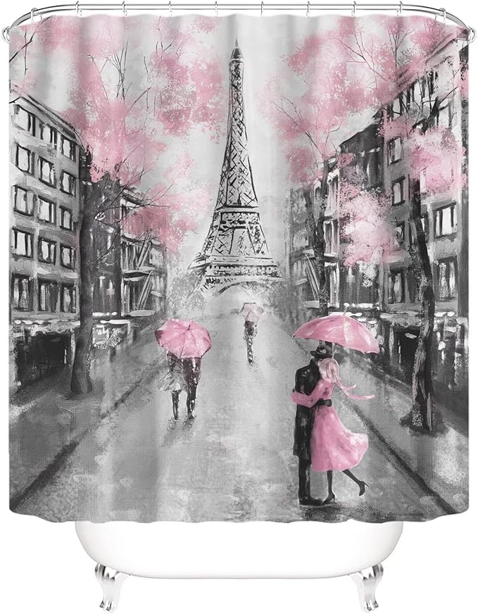 Chrainy 4Pcs Paris Eiffel Tower Pink Shower Curtain Sets Bathroom Set Decor with Non-Slip Rugs Bath U-Shaped Mat Toilet Lid Cover Waterproof Valentine Bathroom Curtains Shower Set with 12 Hooks