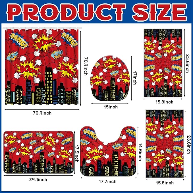 Nuanchu 6 Pcs Hero Themed Shower Curtain Set with Rug Bathroom Sets with Shower Curtain Bath Mat U Shaped Mat Toilet Lid Cover 2 Bath Towels and 12 Hooks Red Hero Themed Bathroom Decor