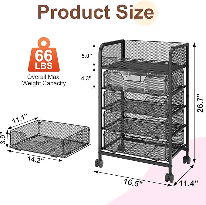 Makeup Cart Organizer with 4 Drawers, Vanity Storage Organizer, Large Floor Skincare Organizers Cosmetics Display Cases for Skin Care Perfume Nail Polish, Black