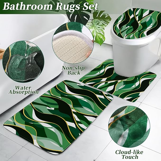 XLHOMO Bathroom Set - Green and Gold Bathroom Accessories, Bathroom Sets with Shower Curtain and Rugs, Green Shower Curtain Set with Bathroom Trash Can, Soap Dispenser, Soap Dish for Home Decor