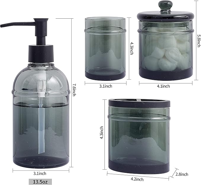 4-Piece Bathroom Accessories Set, Dark Smoke Gray Plastic Dispenser Set with Soap Pump, Toothbrush Holder, Cotton Swab Jar, and Tumbler for Modern Vanity Countertop Decor