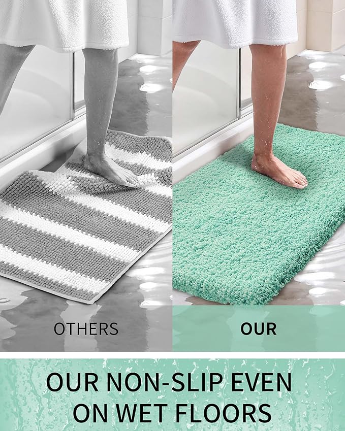 Bathroom Rugs Non Slip Washable 48x24, Ultra Thick Soft Microfiber Absorbent Bath Mats, High Density Foam Latex Non Slip Backing Bath Rugs, Fluffy Floor Carpet for Tub&Shower, SpaBlue