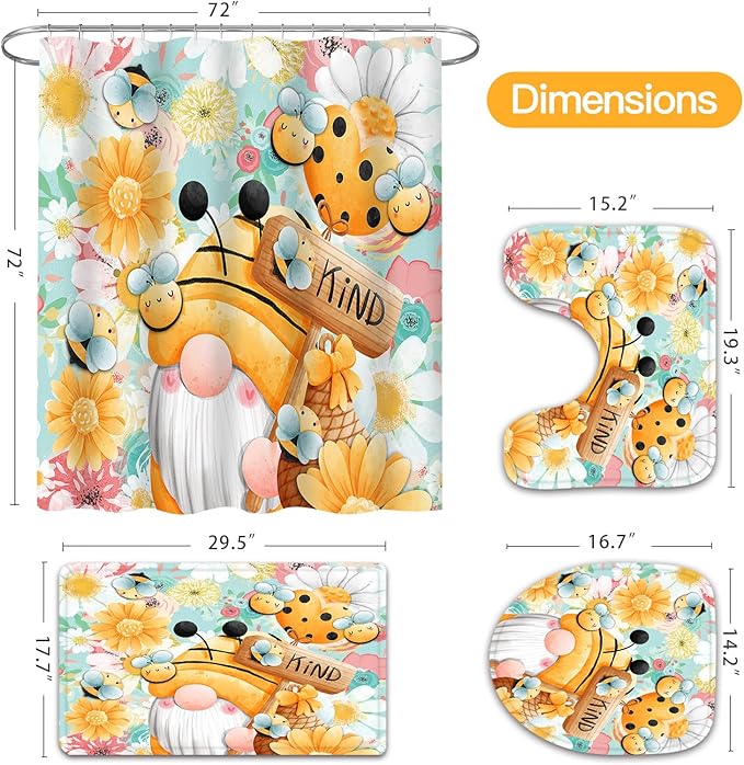 Litabel 4 Pcs Sping Gnomes Shower Curtain Set with Non-Slip Rugs, Toilet Lid Cover and Bath Mat, Boho Floral Bathroom Decor Set with Shower Curtain and Rugs(Hooks Not Included)