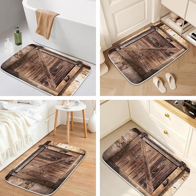 Farmhouse Wooden Barn Door Rustic Bathroom Rugs and Mats Sets 3 Piece, Large Imitation Cashmere Bath Mat, U-Shaped Contour Shower Mat Non Slip Absorbent, Velvet Washable 20 x 31 inch