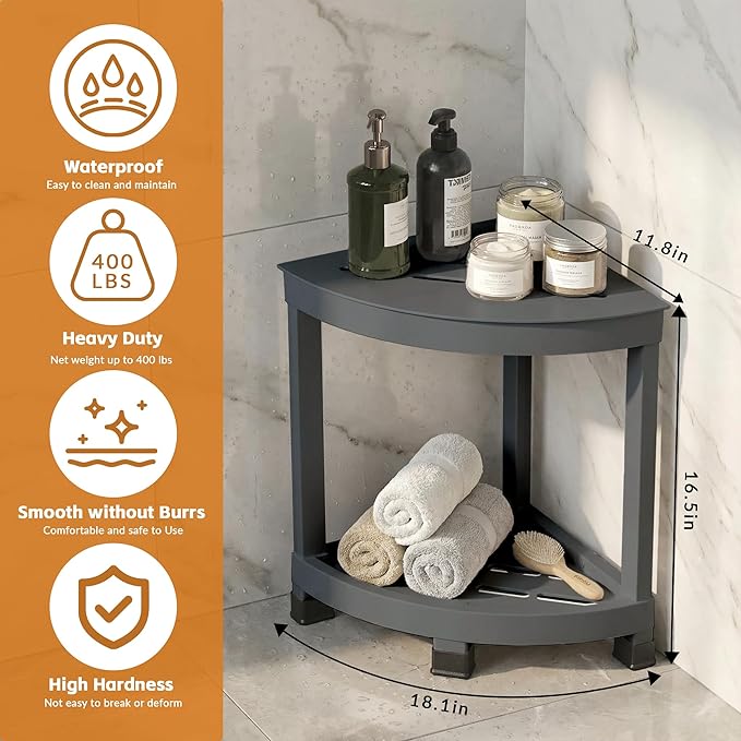 GallopFun Corner Shower Stool for Inside Shower, Waterproof Shower Bench for Shaving Legs, Plastic Anti-Fracture Shower Seat/Foot Rest with Baffle Storage Shelf, Rapid Assembly DIY Shelf (Gray)