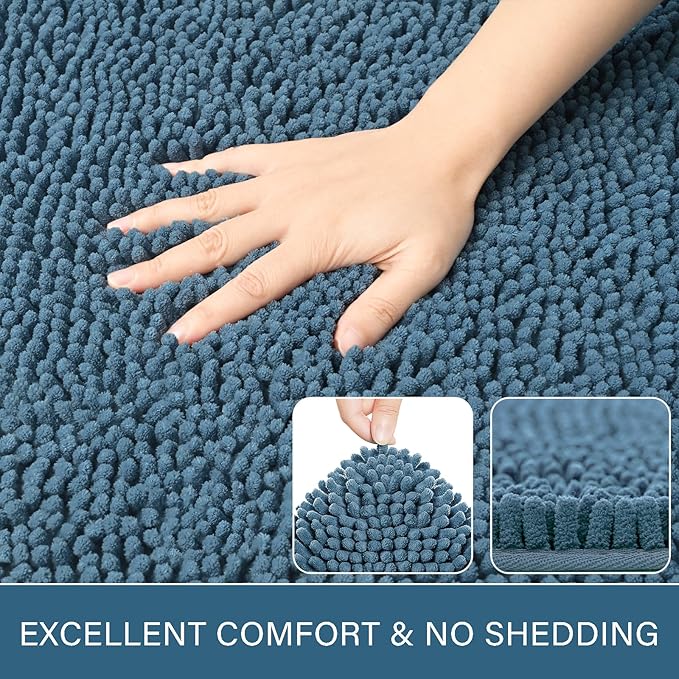 LOCHAS Luxury Bathroom Rug Shaggy Bath Mat 24 x 17 Inch, Washable Non Slip Bath Rugs for Bathroom Shower, Soft Plush Chenille Absorbent Carpets Mats, Denim Blue