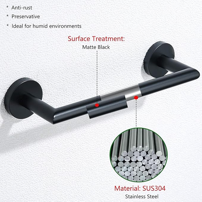 12 Inch Matte Black Hand Towel Bar SUS304 Stainless Steel Bathroom Kitchen Towel Rack,Bath Towel Holder Dish Cloths Hanger Wall Mounted,96018-2-12MB.