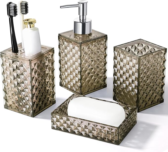 RYTOXILO Brown Bathroom Accessories Set, 4 Pack Acrylic Bath Accessory Sets Complete, Diamond Soap Dispenser and Toothbrush Holder Bathroom Counter Sink Set, Boho Modern Bathroom Decor
