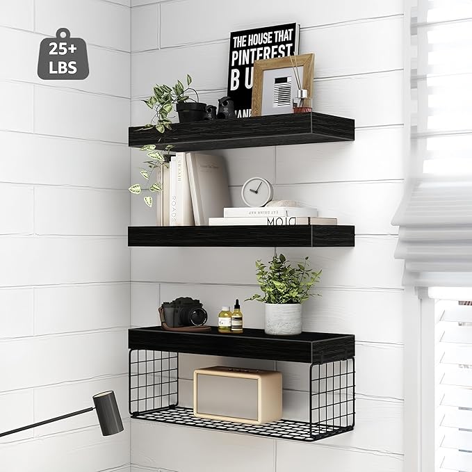 Bathroom Shelves Over Toilet - Heavy Duty Storage Rack, 25+ lbs Weight Capacity, Minimalist Design Wall Mounted Floating Shelves Toilet Paper Storage Farmhouse Decor Shelf 16 inch (Black, General, 3)