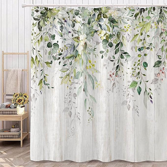 kampdream Eucalyptus Plant Rustic Shower Curtain, Watercolor Leaves On The Top Country Farm House Shower Curtain, Spring Botanical Bathroom Curtain 72 ×72 Inch