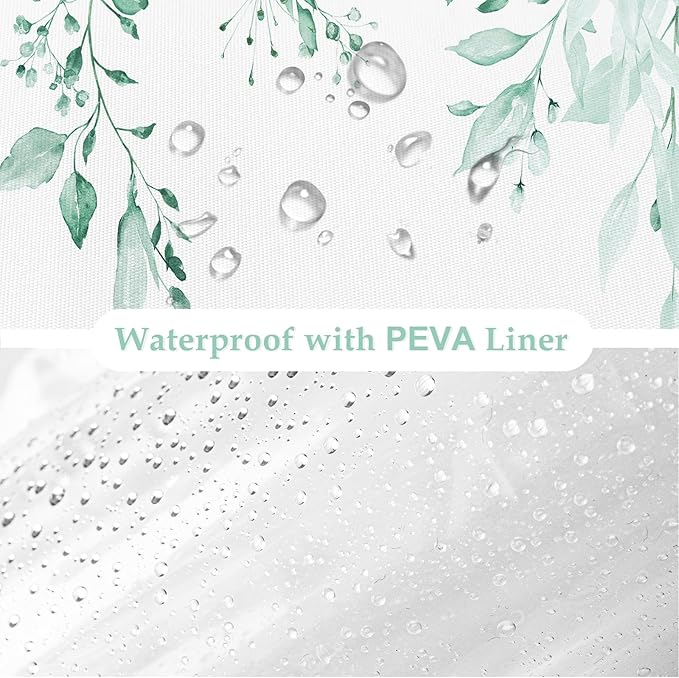 Gibelle 3 in 1 Shower Curtain Set, 72x72 MintGreen Eucalyptus Bath Curtain and PEVA Liner Set with 12 Metal Hooks, Waterproof Fabric Bathroom Curtain