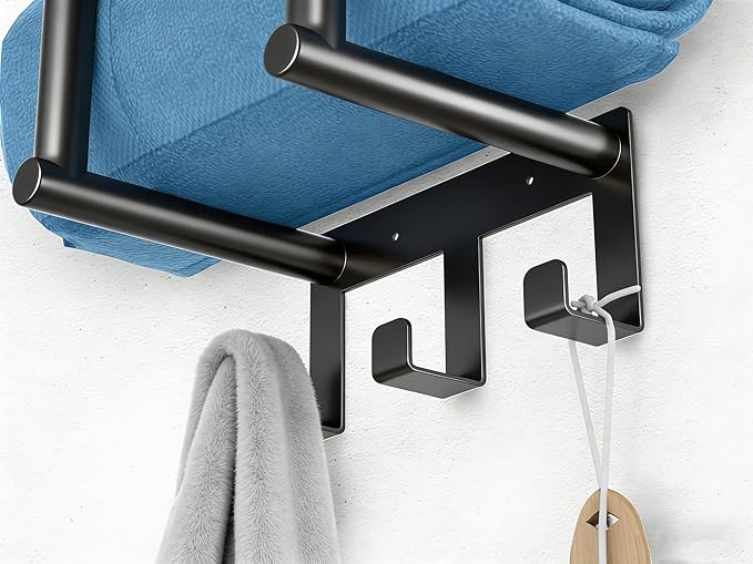 Towel Racks for Bathroom, Bathroom Towel Rack Wall Mounted with Metal Shelf and 3 Hooks for Small Bathroom, Black